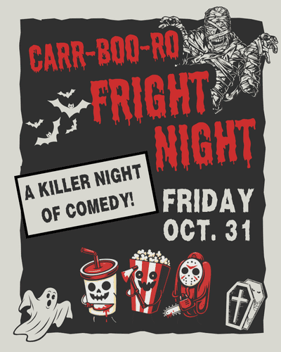 Show poster showcasing the upcoming improv show "The Improvised Horror Movie", showing 8 female and male performers standing in spooky fog in front of a large menacing skull in the moonlight woods, with Black Sheep Comedy in Carrboro & Chapel Hill.
