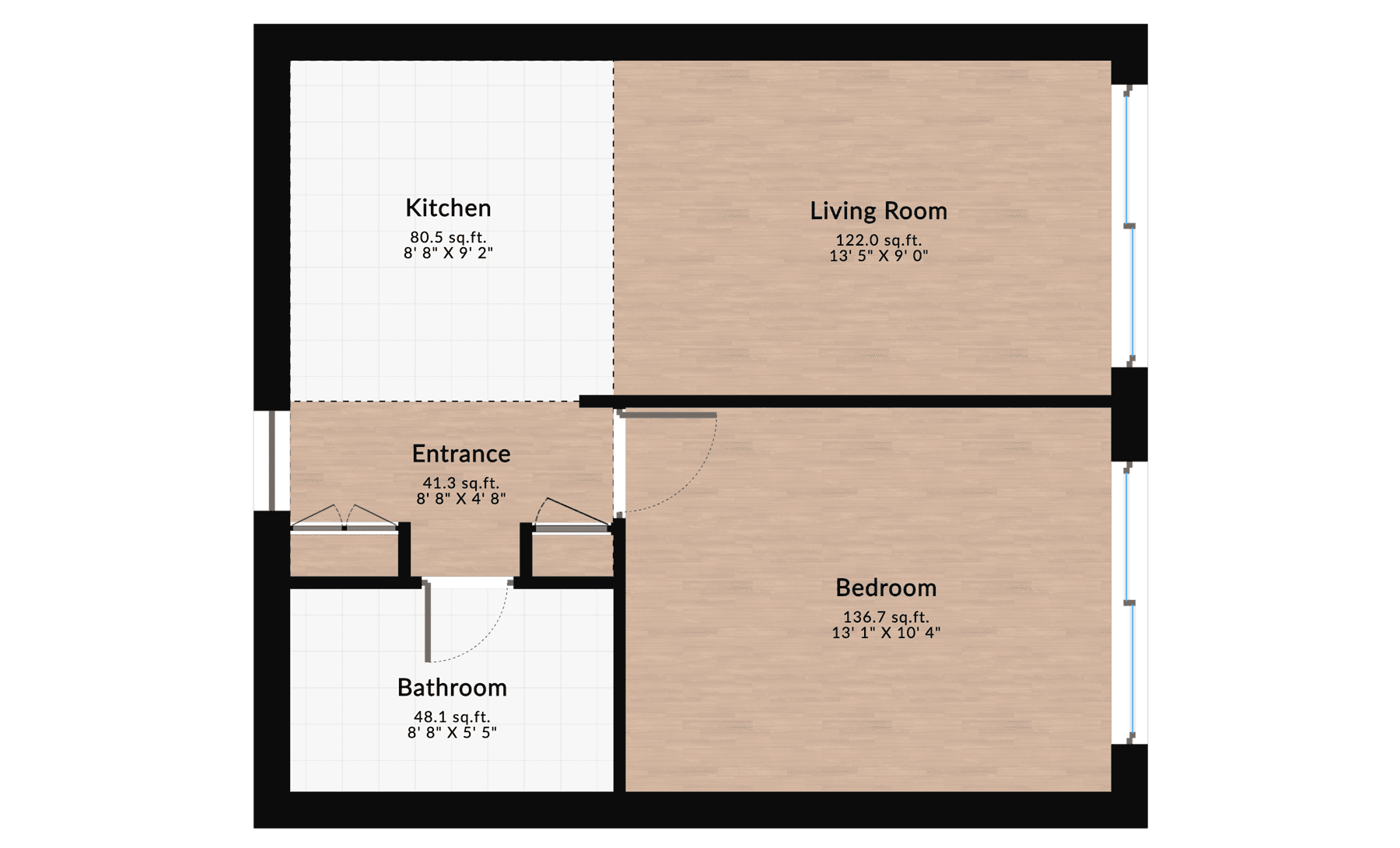 One-bedroom apartment floor plan with a living room, bedroom, kitchen, bathroom, and compact entrance designed for small spaces.