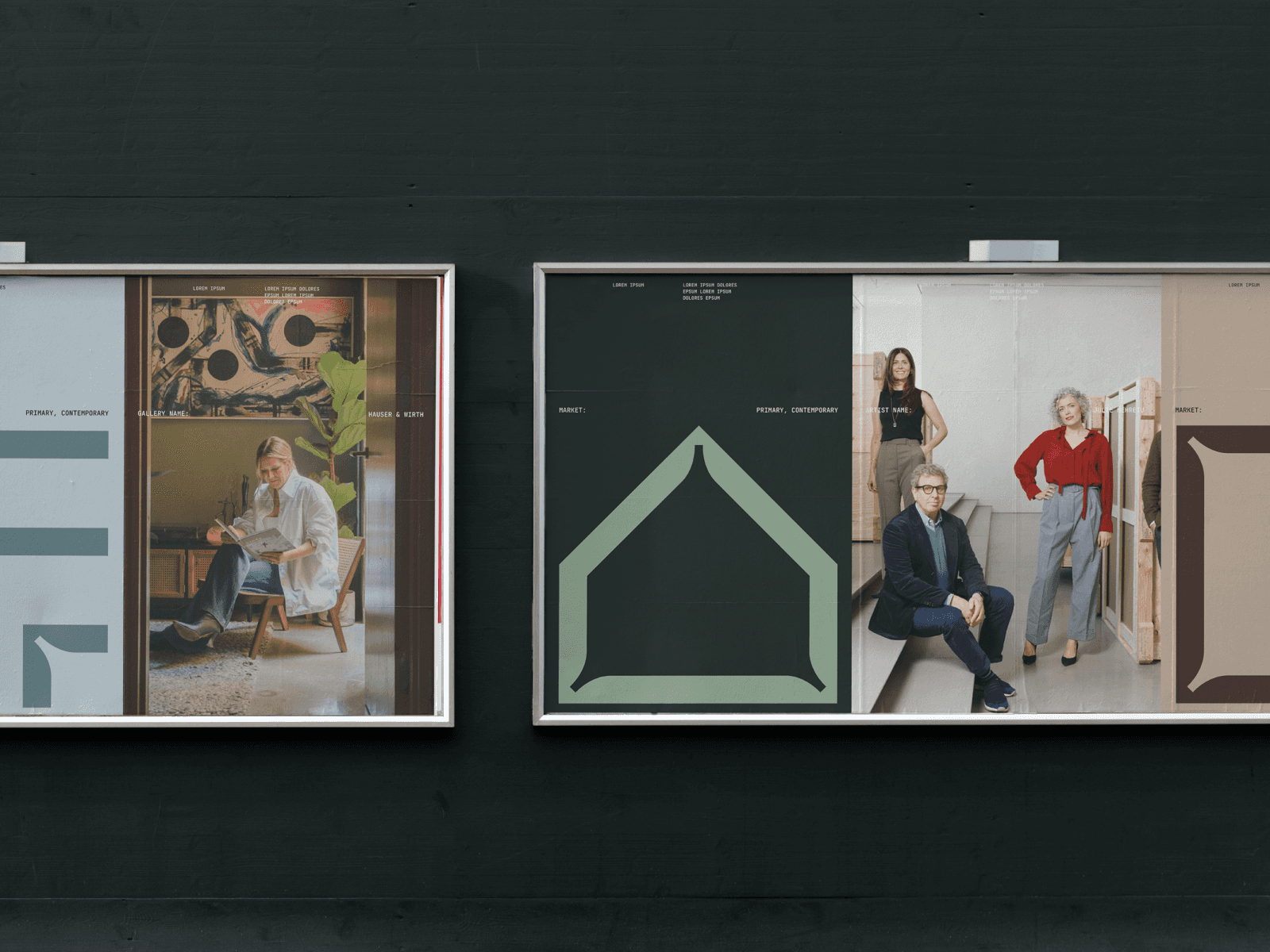 Two display boards showcase interior designs, featuring people in styled living spaces with various decor elements.