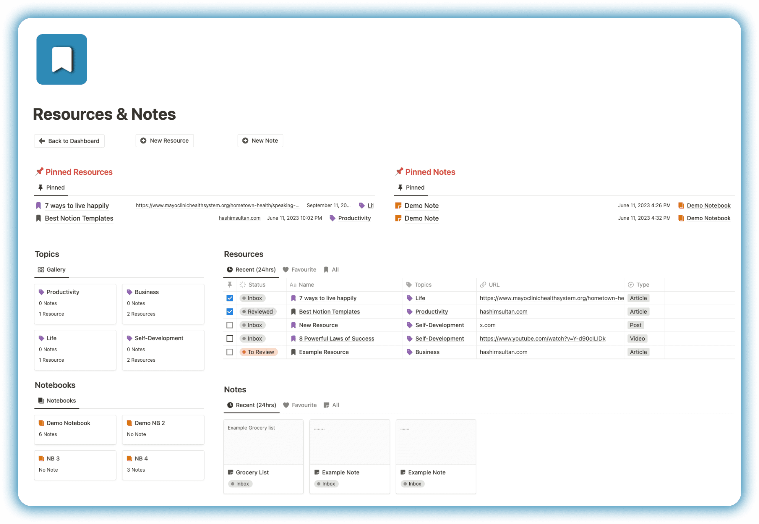 Resources and Notes organisation in Notion Life OS