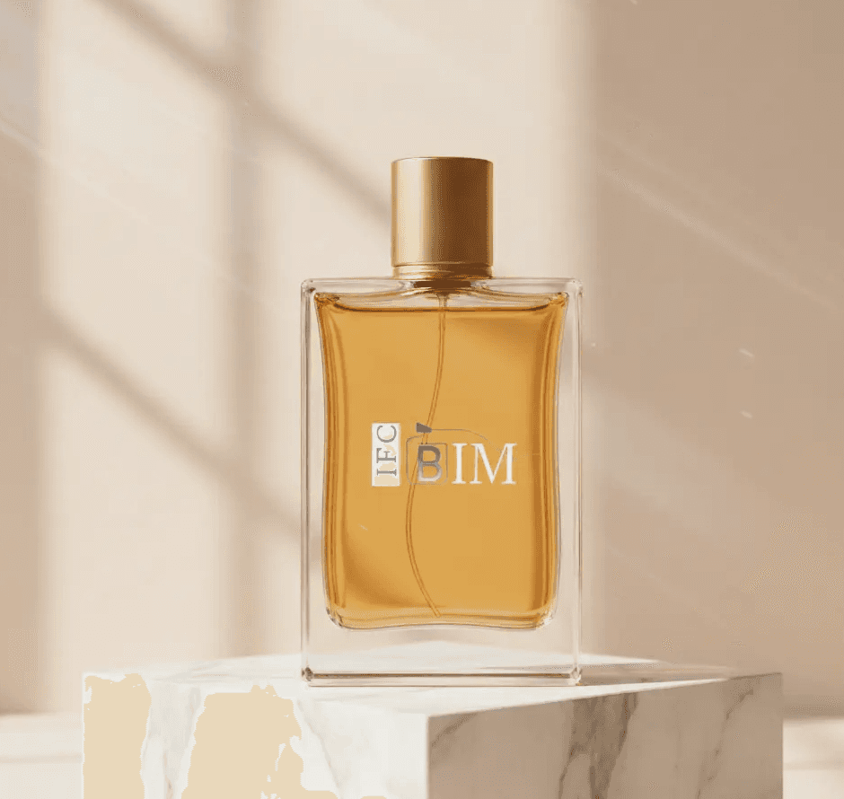 A glass perfume bottle with gold accents and a perfume label. It sits on a marble stand.