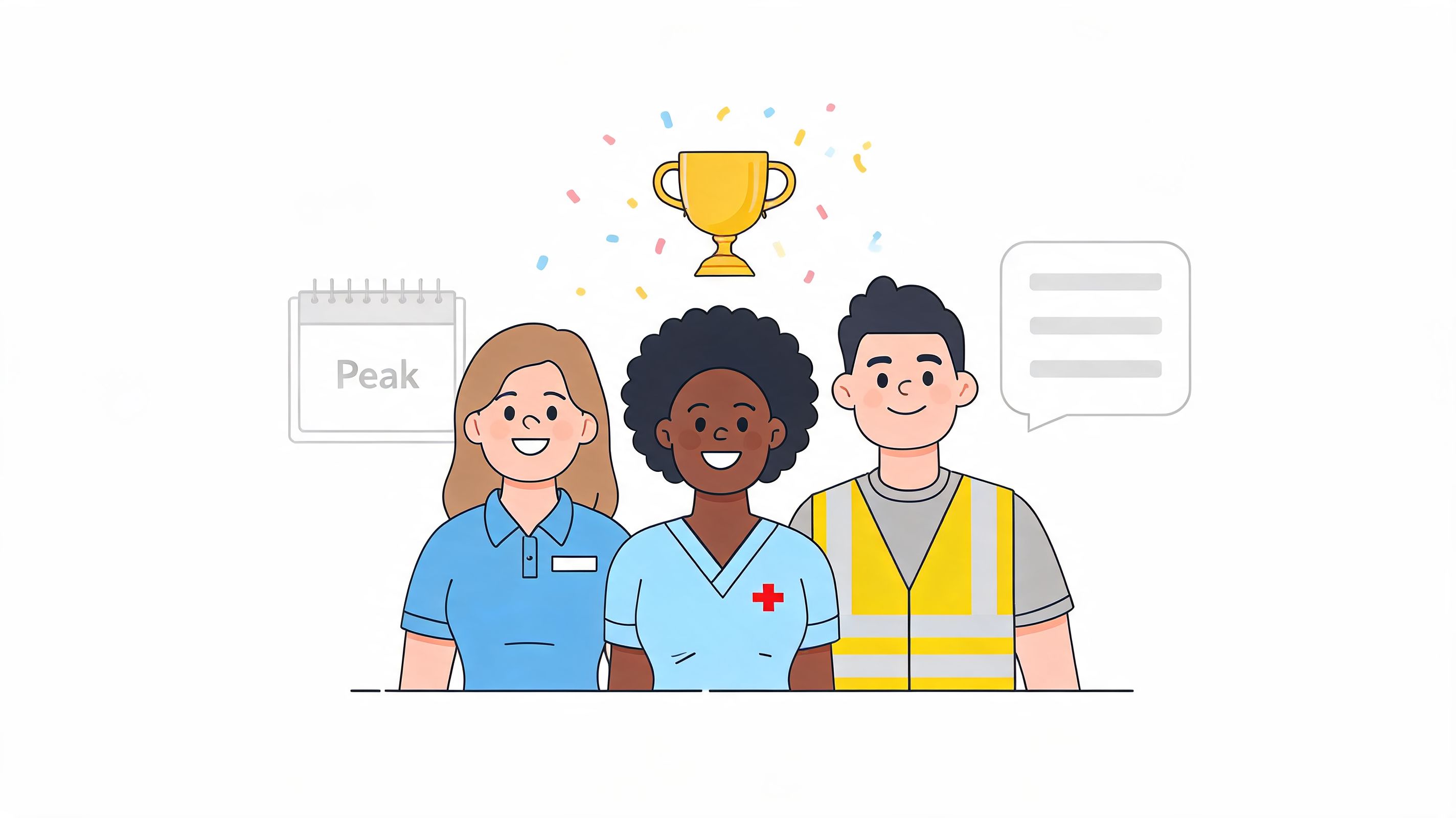A professional illustration of three diverse workers smiling together with a trophy and office elements.