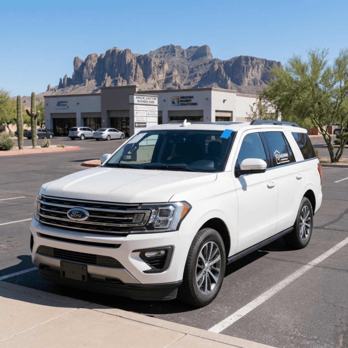 White Ford Expedition with a new windshield installed in Apache Junction, AZ near the Superstition Mountains