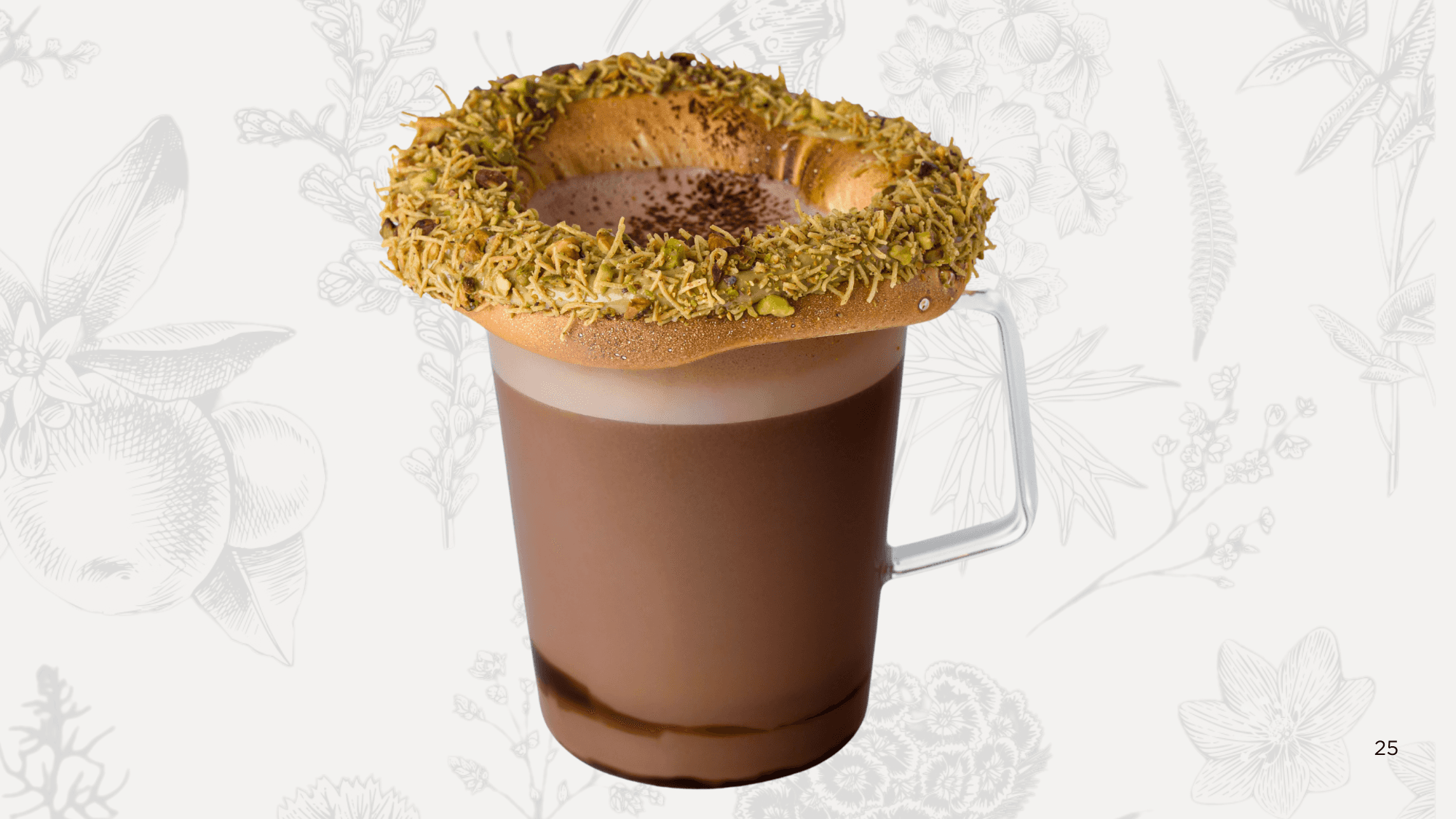 A hot chocolate made with pistachio cream and chocolate ganache, topped with toasted marshmallow, foamed milk, and crispy kataifi.