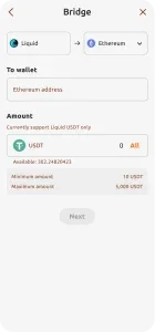 Bridgebu app UI showing Liquid to Ethereum USDT bridge with wallet address input and transfer amount field