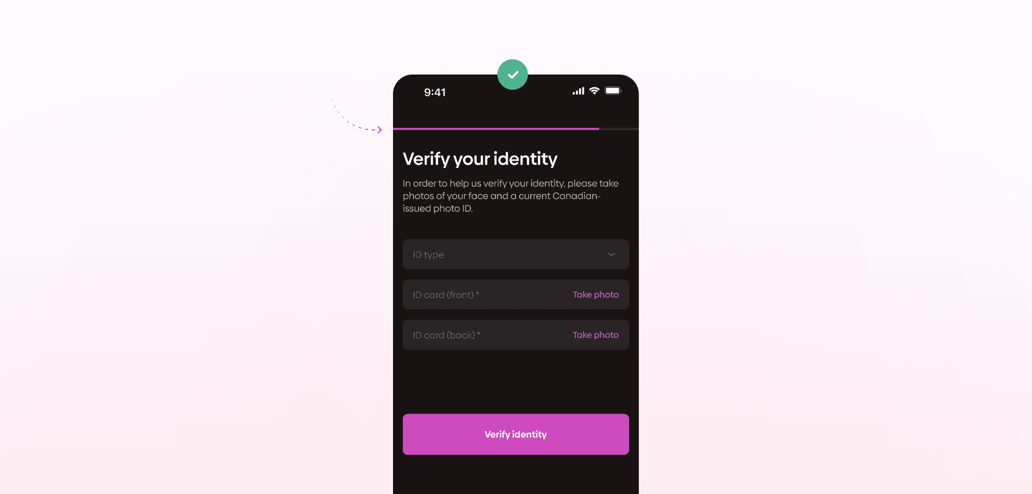 Mobile screen showing a “Verify your identity” form with fields for ID type and photo uploads (front and back of ID), a progress indicator, and a prominent “Verify identity” button, marked as a correct design (green check).