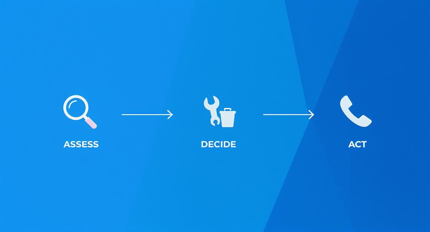A workflow diagram showing three steps: Assess (magnifying glass), Decide (tools, trash), and Act (phone call).