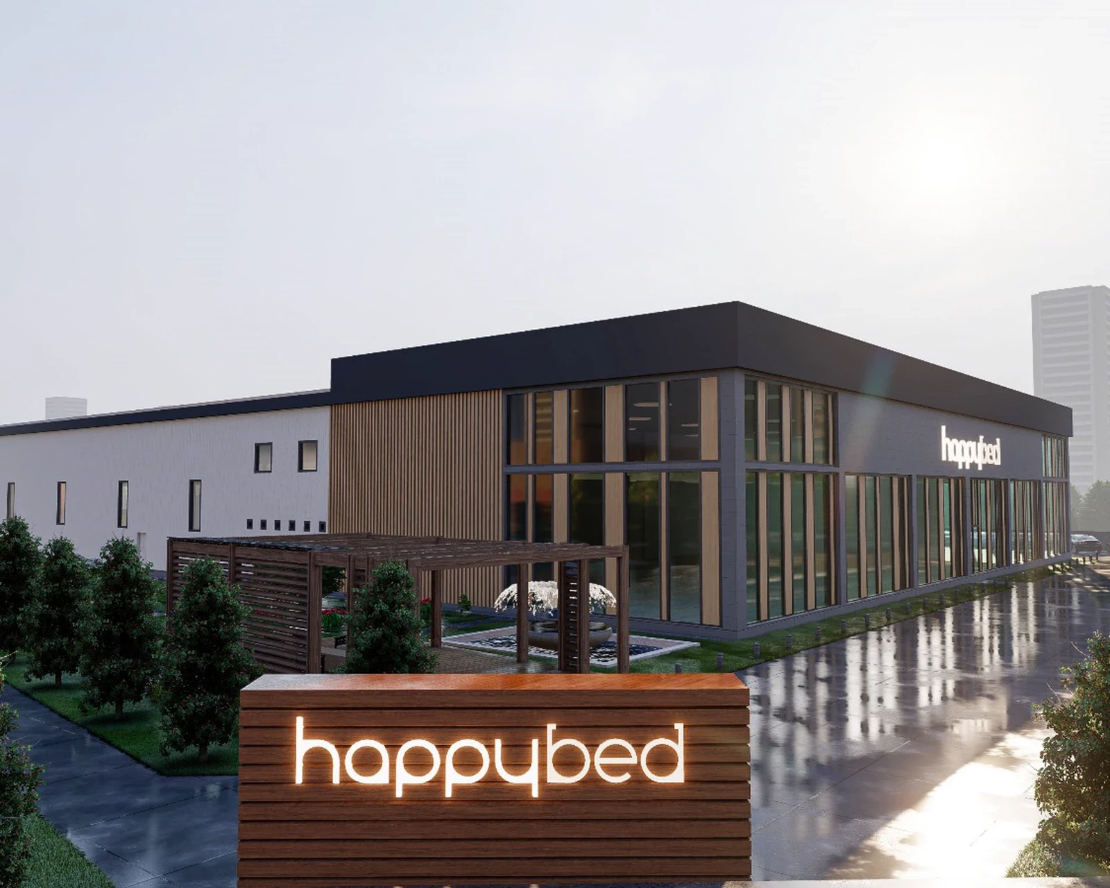 تصور معماري ثلاثي الأبعاد 3D في أجواء ممطرة لمعرض ومنشأة إنتاج Happy Bed في Aksaray.