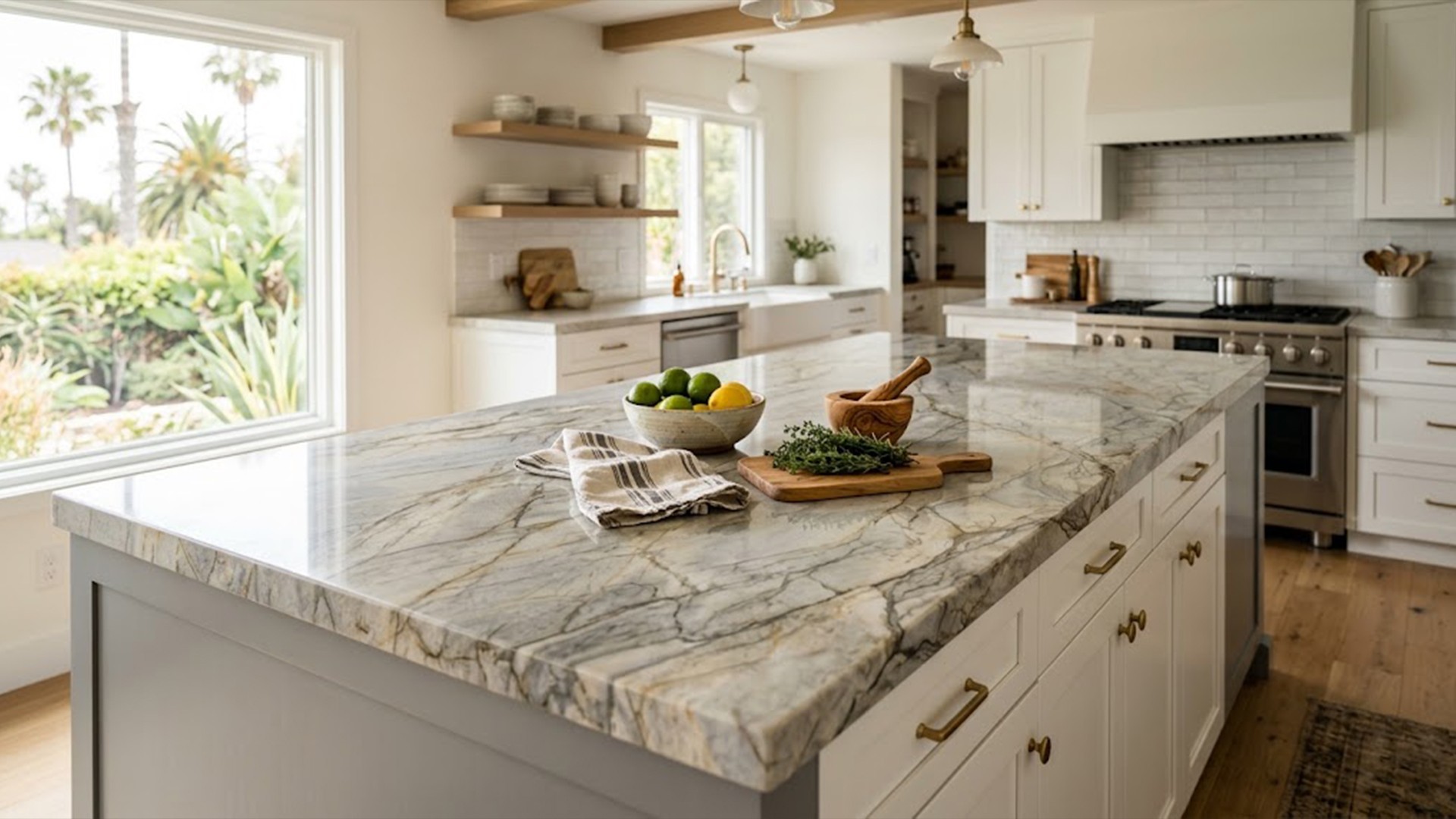 Bright kitchen featuring a large quartzite island countertop and white cabinetry