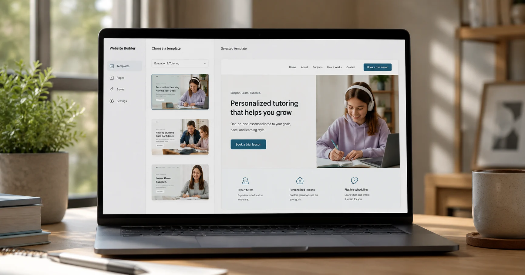a website builder interface on a laptop screen showing an education-and-tutoring template with a "Book a trial lesson" button