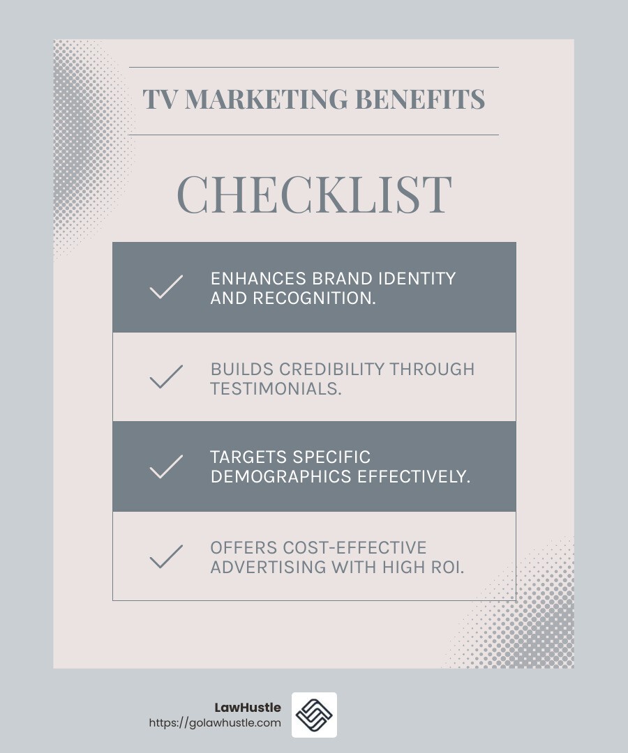 Law firm TV advertising ROI example - TV marketing for law firms infographic checklist-light-blue-grey