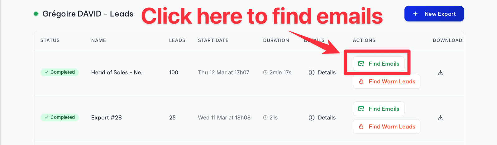 Find emails button on GiveMeLeads