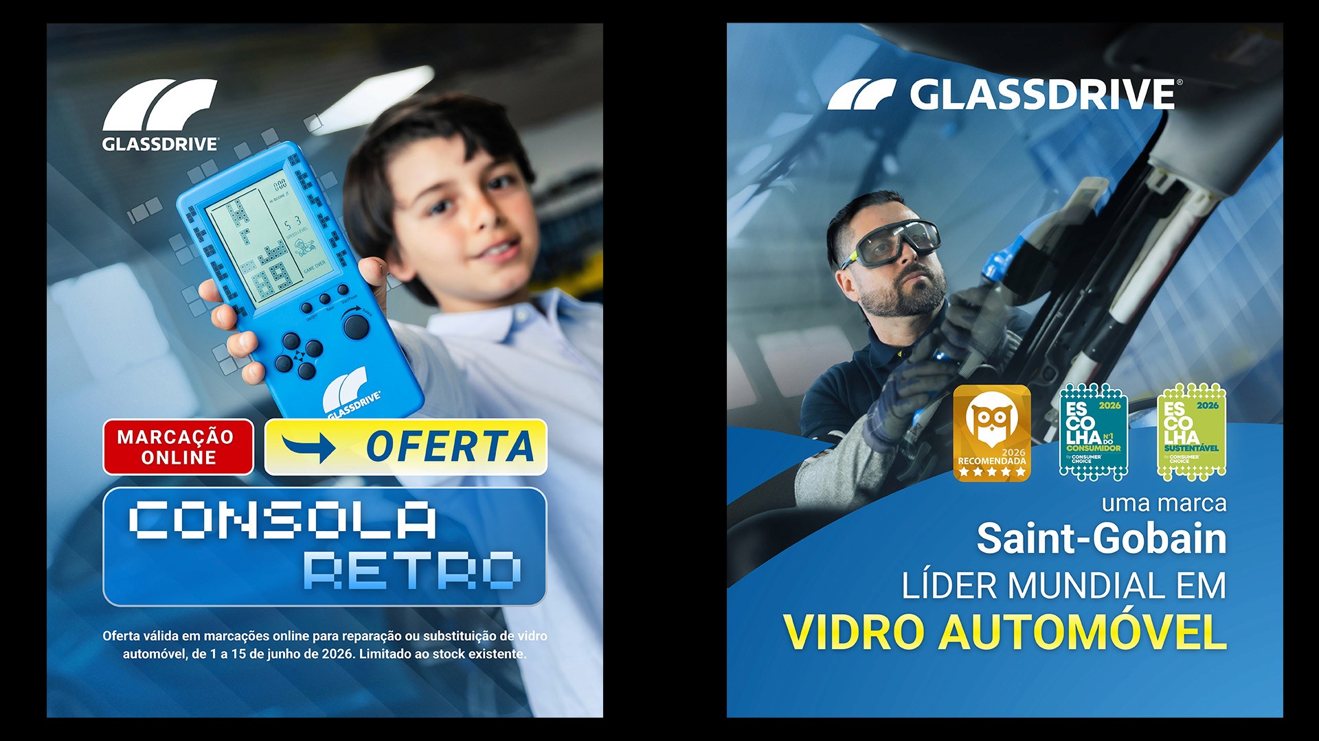 Glassdrive retro console booking offer and Saint-Gobain world-leader-in-auto-glass message