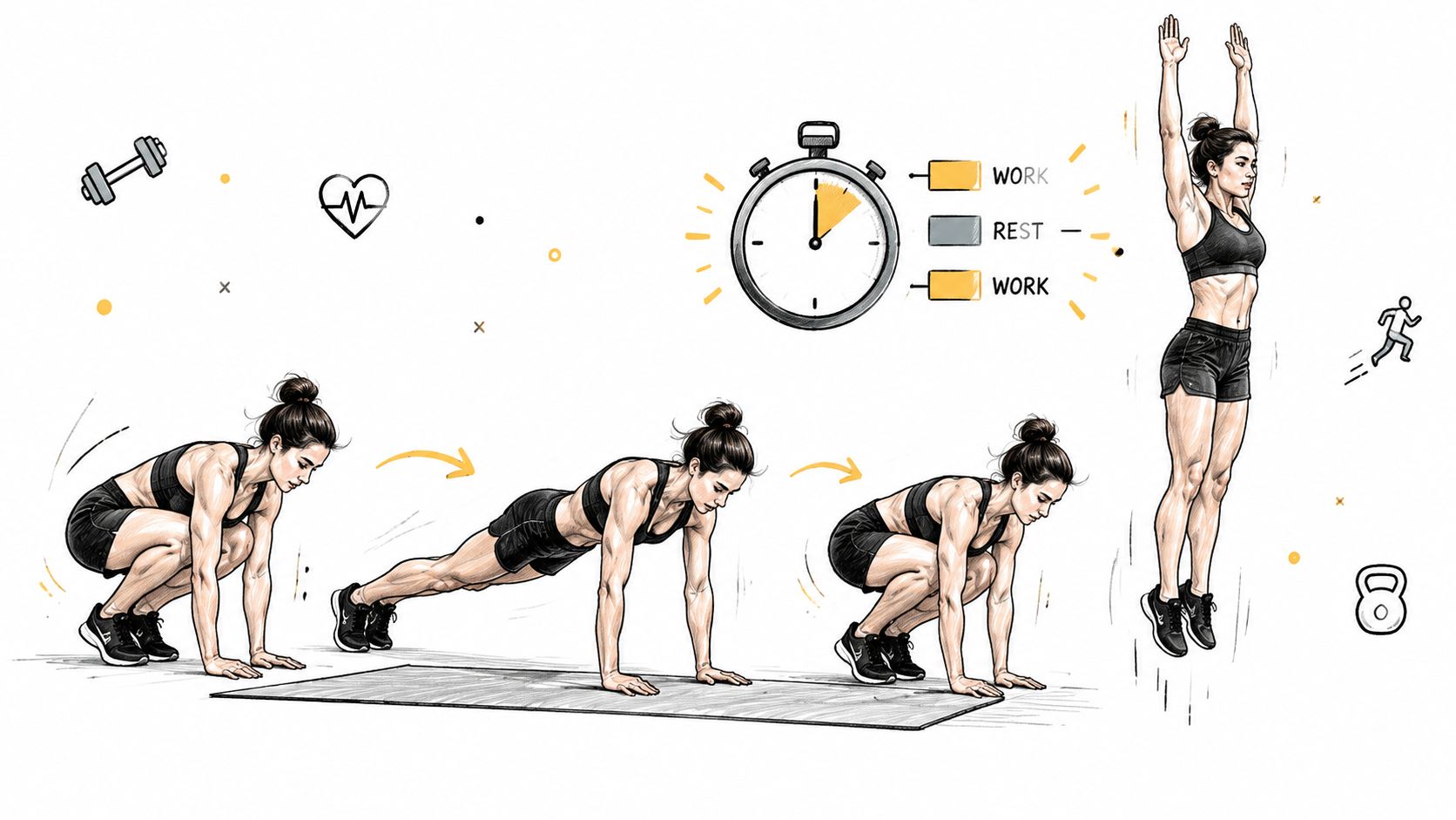 A woman performing a burpee exercise in four steps on a fitness mat with a timer overlay.