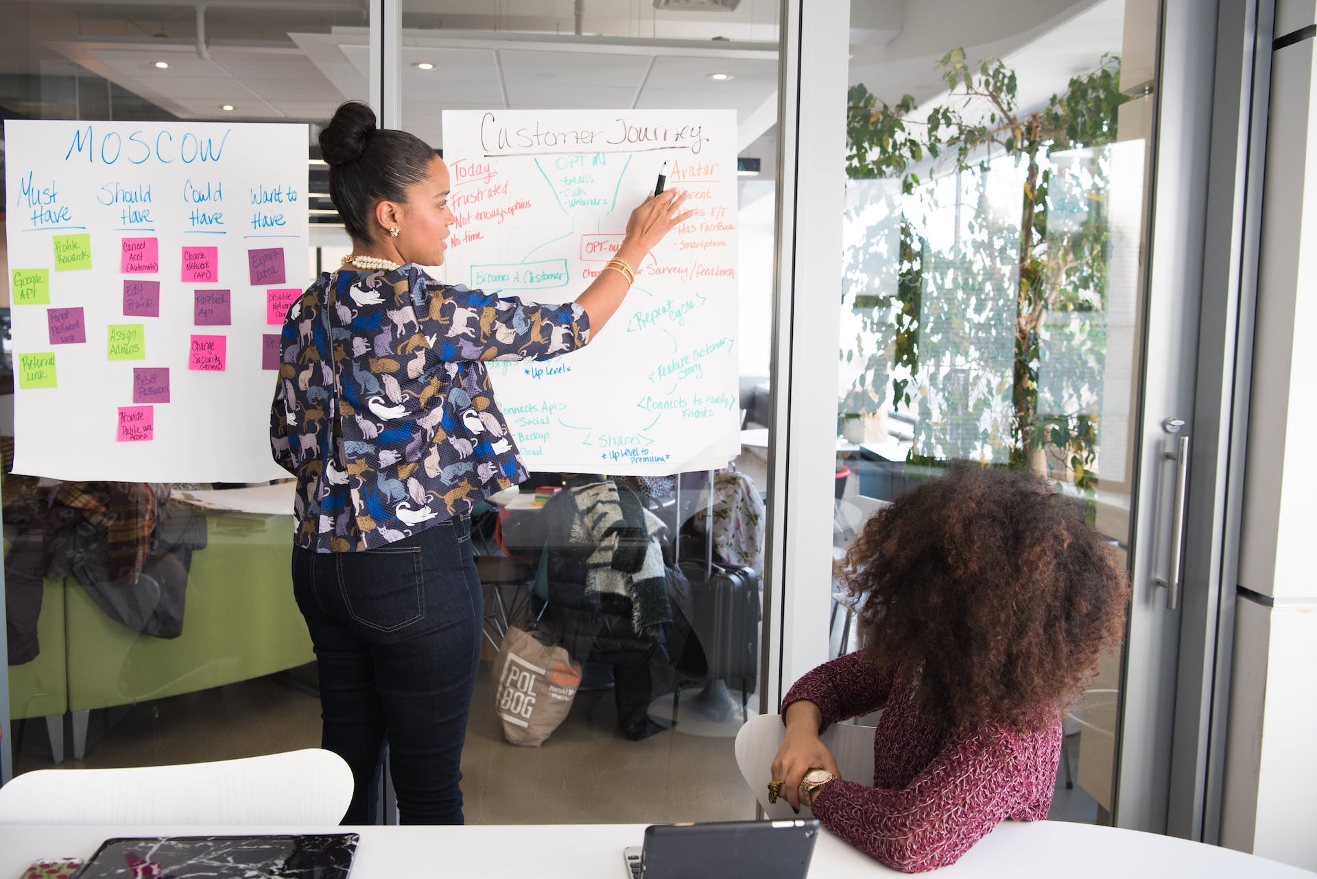 A woman making a plan on a board while another person watches