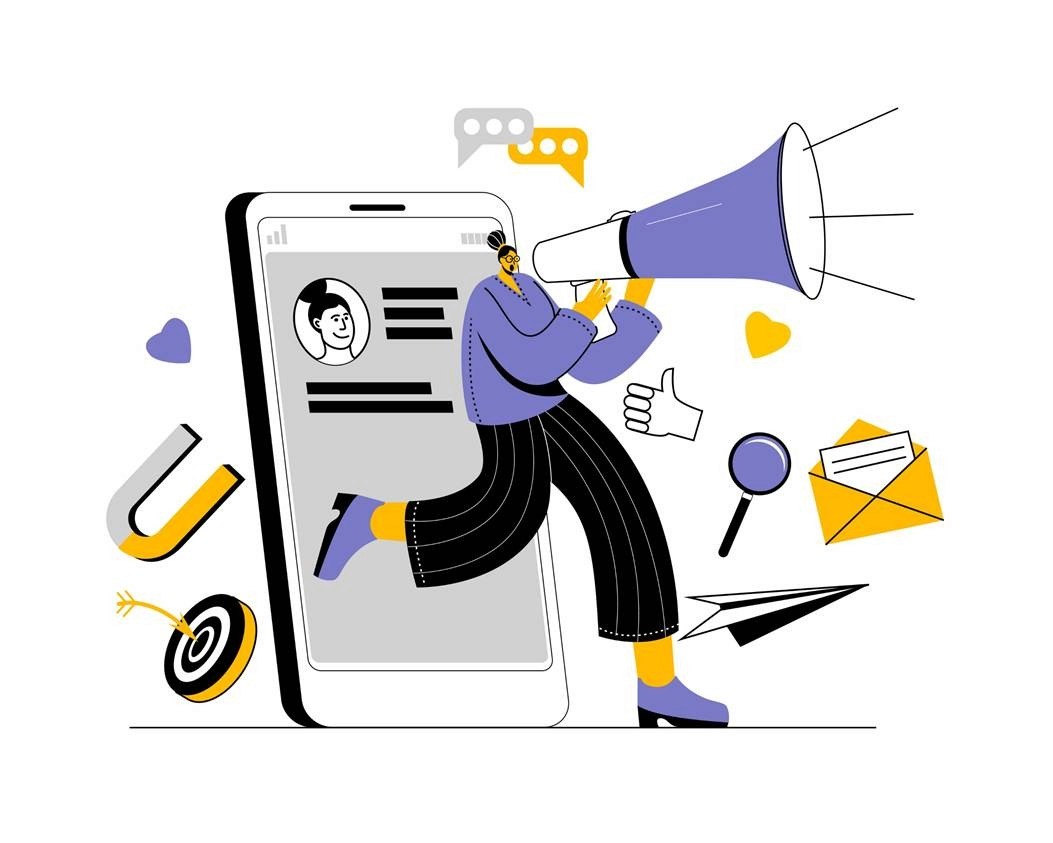 Flat illustration of an influencer with a megaphone stepping out of a smartphone screen with marketing icons