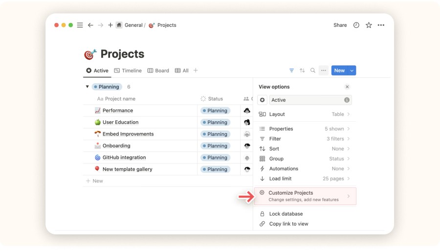 “Customize Projects” menu