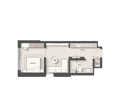 Floor plan of a 1-bedroom apartment at Ellington Sands, Dubai Islands, showcasing layout and room dimensions.