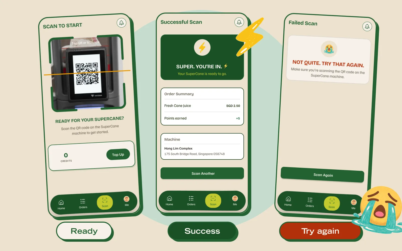 Scan screen in three states: ready, success and try again
