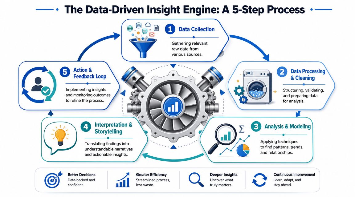 A circular 5-step diagram illustrating the data-driven insight engine process from data collection to feedback loop.
