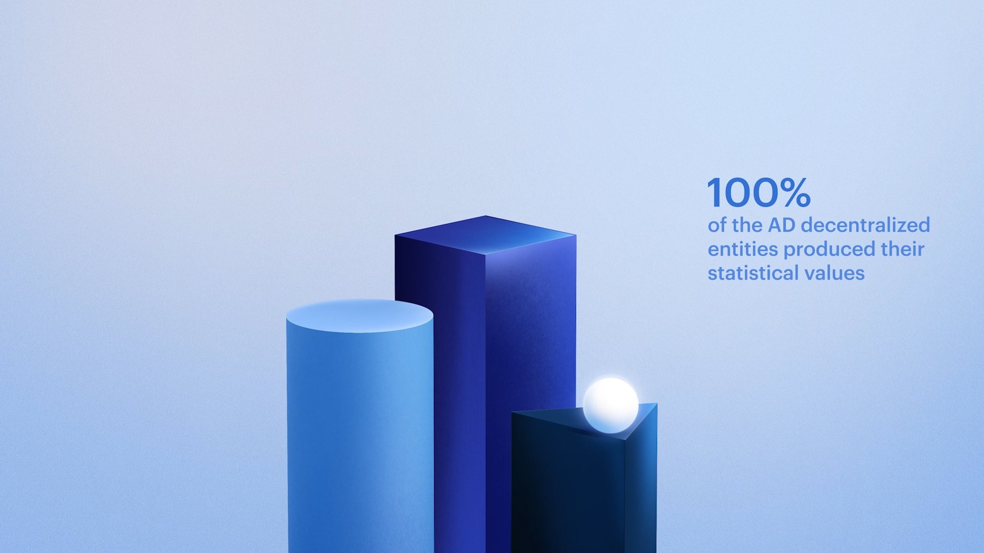 3D geometric blue shapes featured on the centre of the screen against a gradient bright blue background, with a vibrant sea pearl on top of one of the infographic text on one side of the screen 