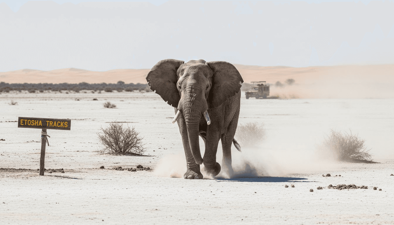 Desert elephant walking across Namibia salt pan