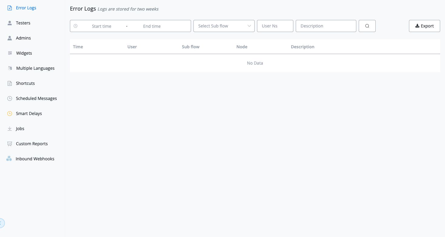 UChat Error Logs navigation and filters