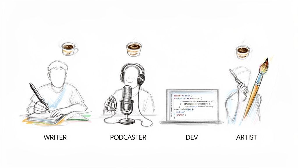 An illustration of four creative professionals: a writer, podcaster, developer, and artist, each with a coffee cup.