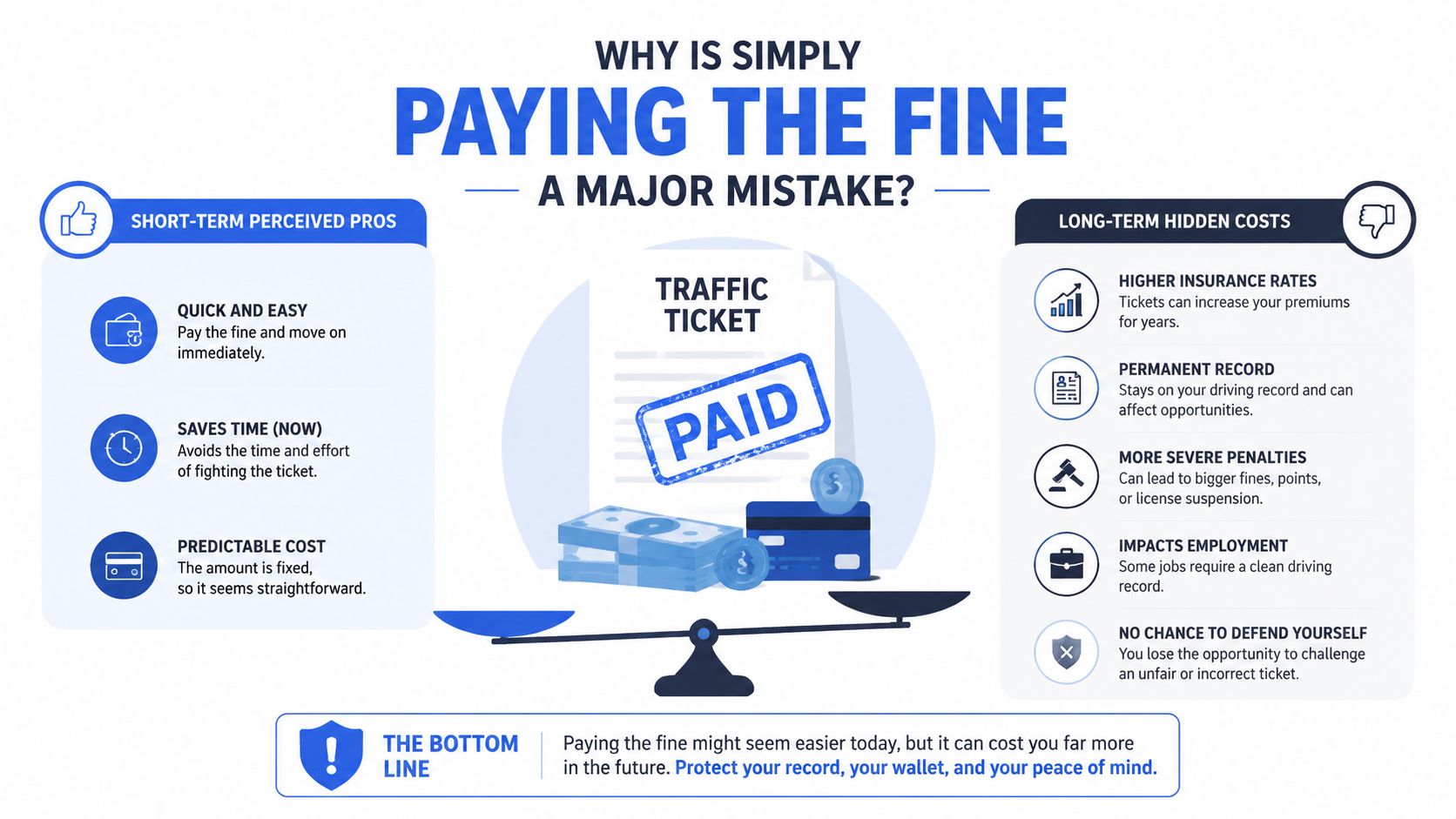 An infographic showing the risks of paying a traffic ticket versus challenging it in court.