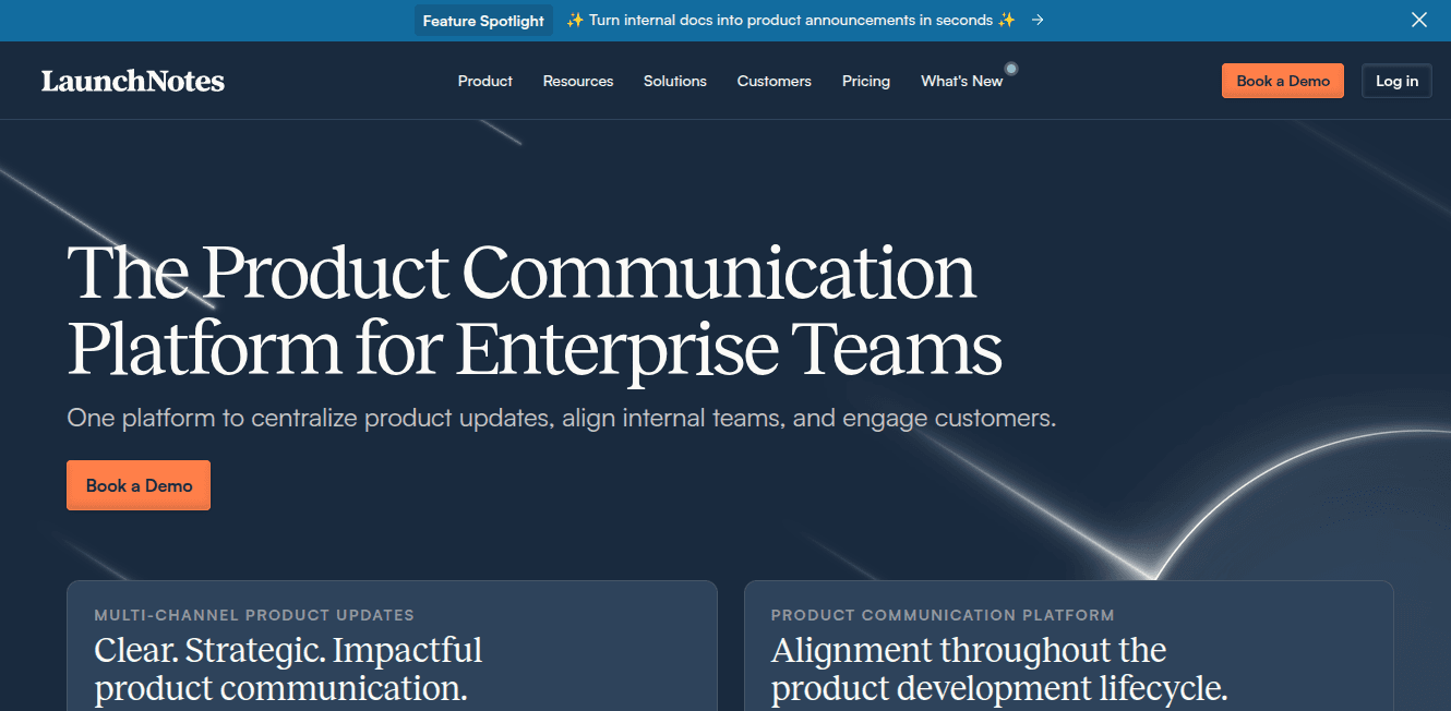 LaunchNotes homepage showing its product communication platform for enterprise teams
