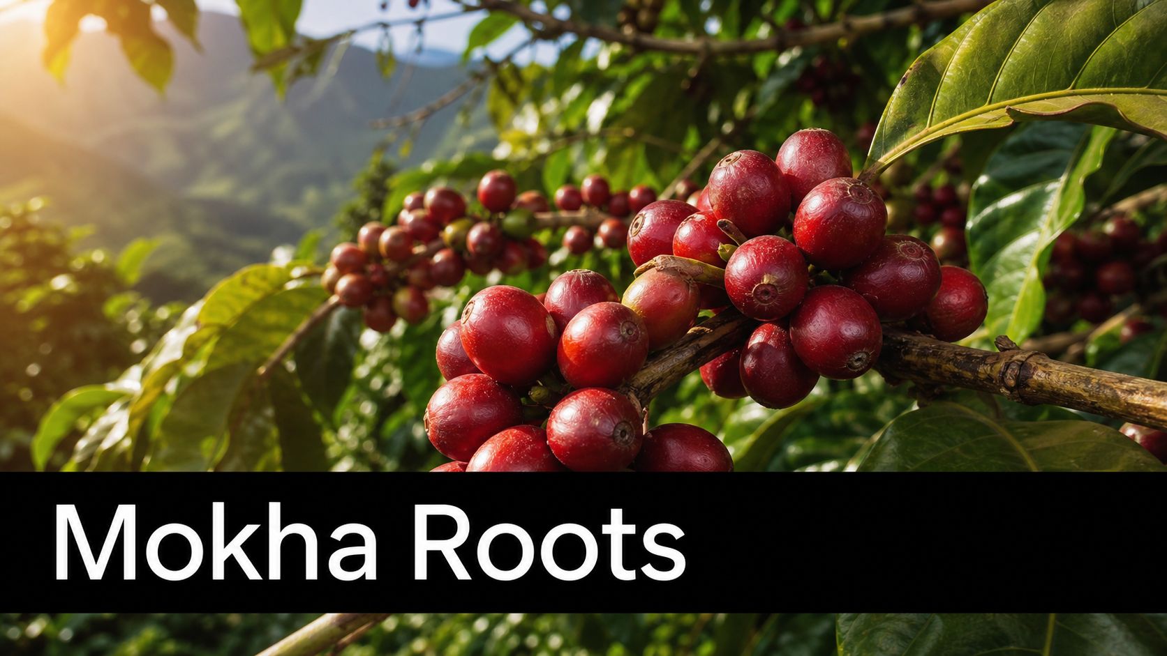 Close-up of ripe red coffee cherries hanging on a branch in a sunlit coffee plantation.