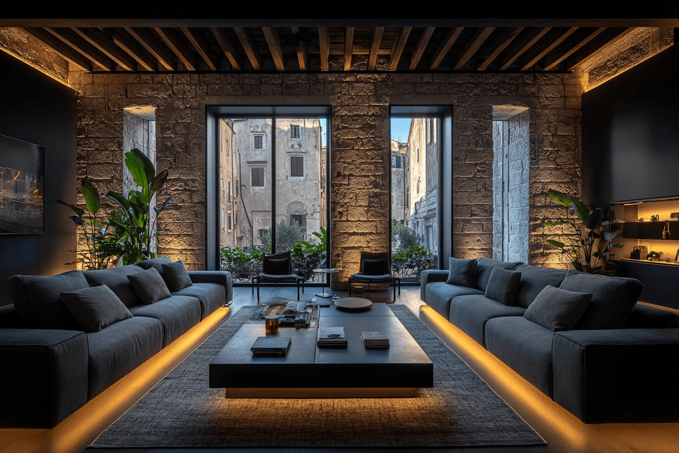 A modern, dimly lit living room featuring two large dark gray sofas facing each other on a rug, with low warm under-lighting. The room has exposed stone walls, a wooden beamed ceiling, and tall windows looking out onto an old stone building in an urban setting.