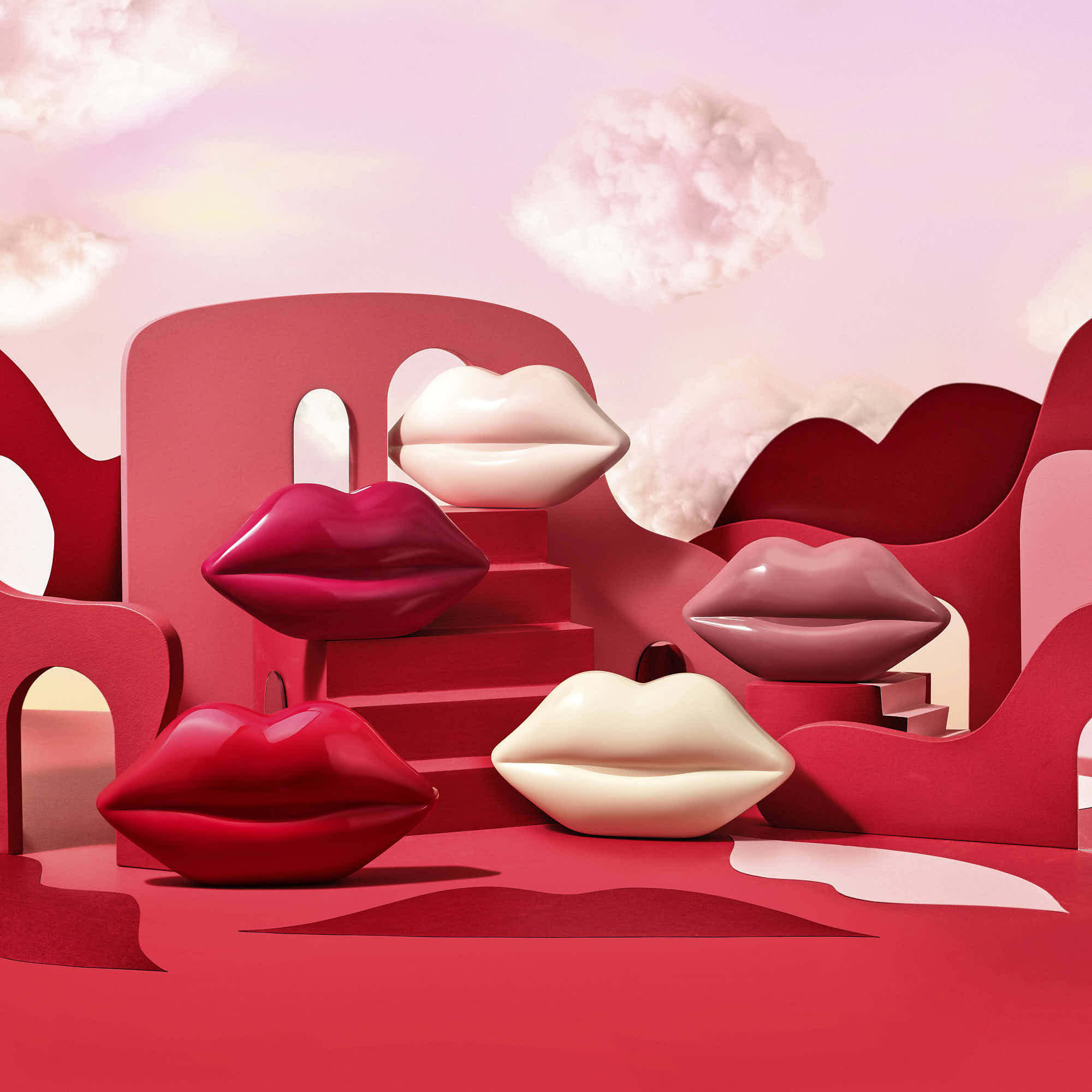 Surreal lip-shaped sculptures in vibrant pink landscape with clouds.