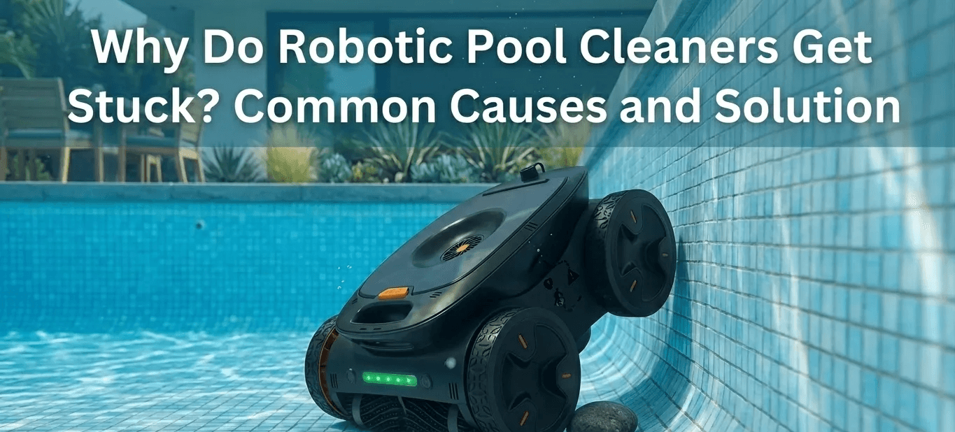 Robotic pool cleaner stuck near a pool corner during operation