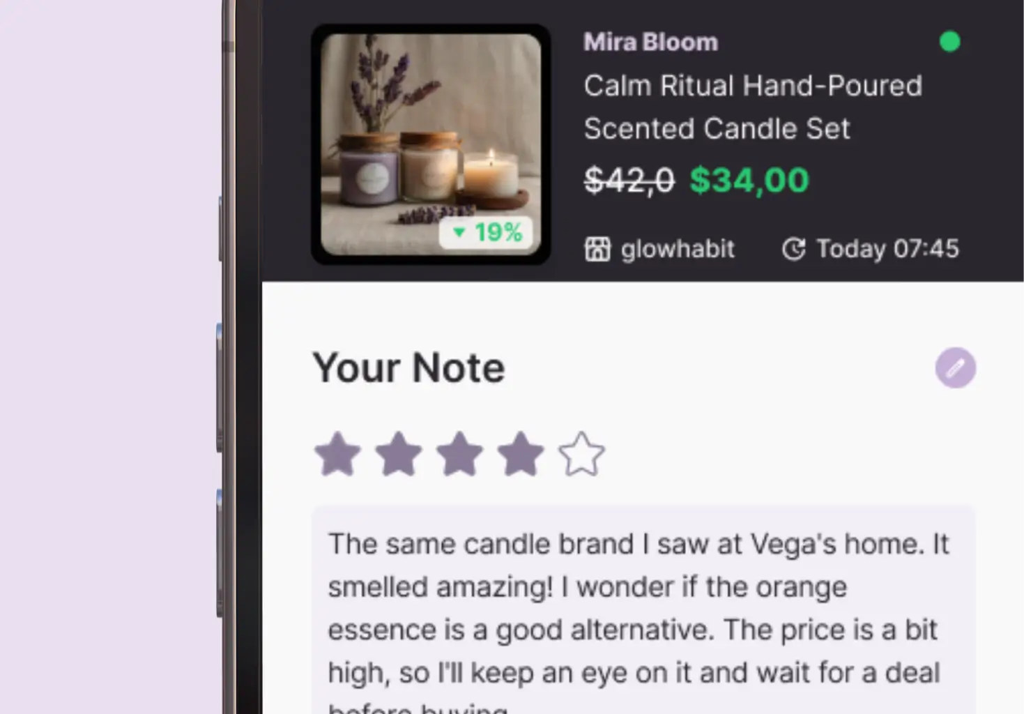 A screenshot of the Whisprice app displaying the Private Notes feature for a scented candle set. The user has given a 4-star rating and written a personal note about seeing the product at a friend's home and waiting for a price drop.