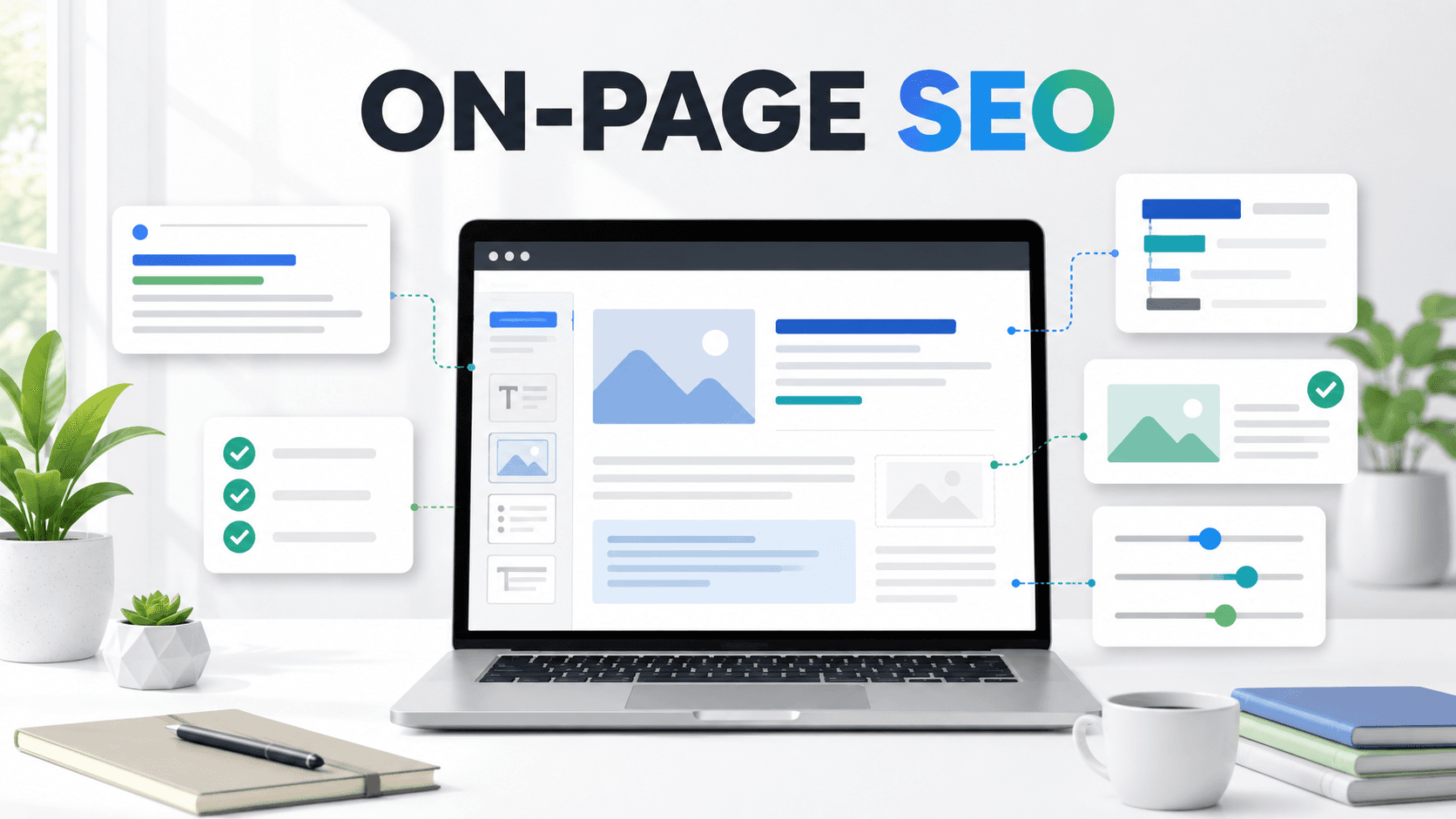 Painel de otimização de SEO on-page com conteúdo do website, cabeçalhos e links internos