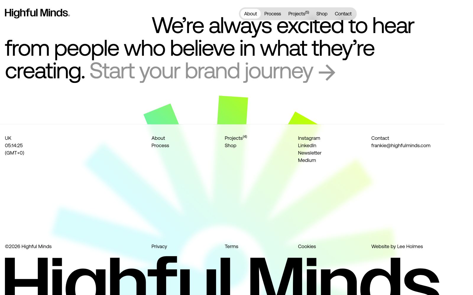 Large text: "We’re always excited to hear from people who believe in what they’re creating. Start your brand journey →". Links: About,...