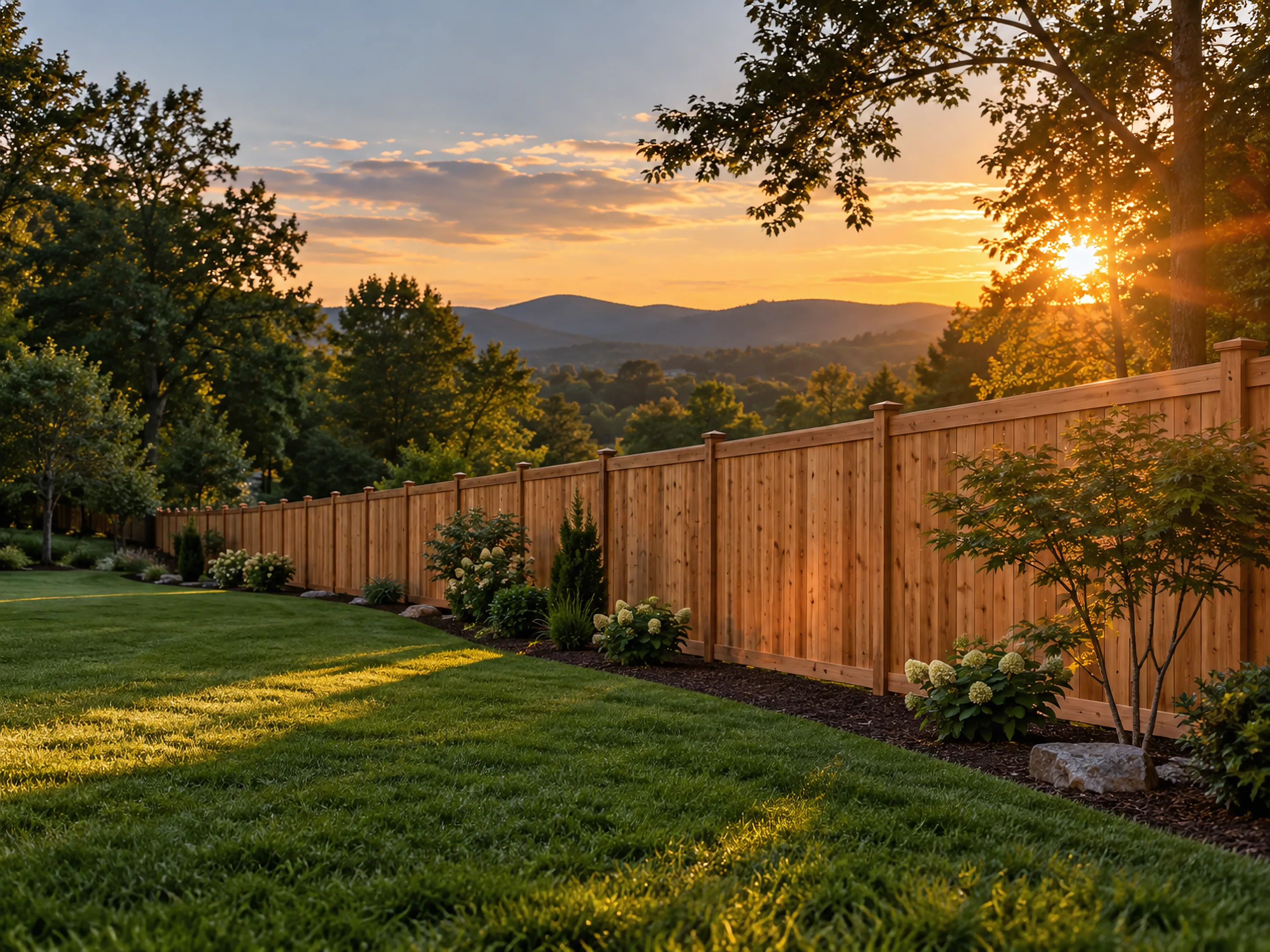 Long new cedar privacy fence across a backyard at sunset
