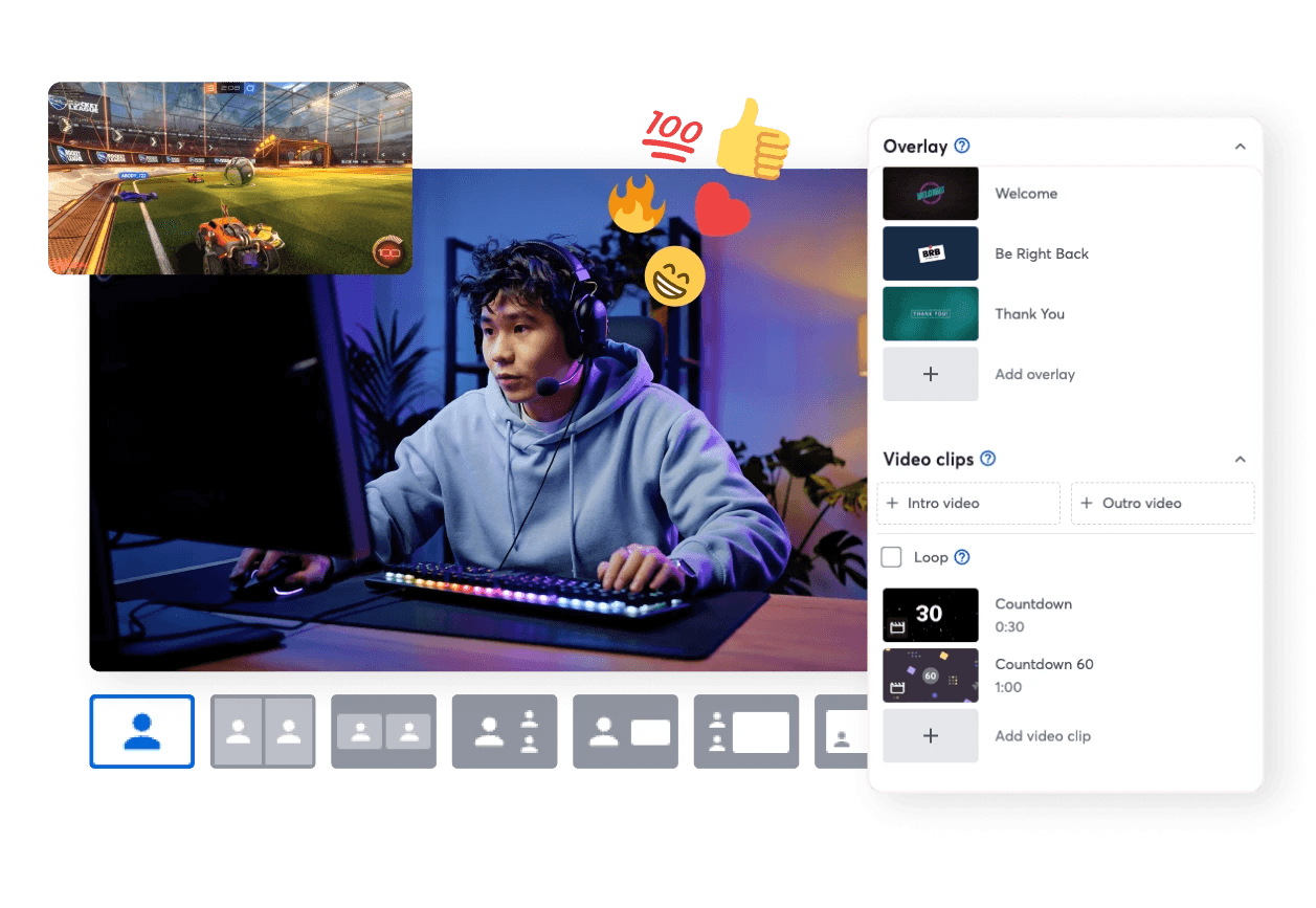 The image shows a live streaming setup and interface for a gaming broadcast.  At the center, a person wearing a headset is sitting at a computer and playing a video game while streaming. On the top left, a small window shows gameplay footage from a car soccer-style game (similar to Rocket League). Above the streamer are reaction icons such as likes, fire, hearts, and emoji, representing viewer engagement during the stream.  On the right side, a streaming control panel is visible.