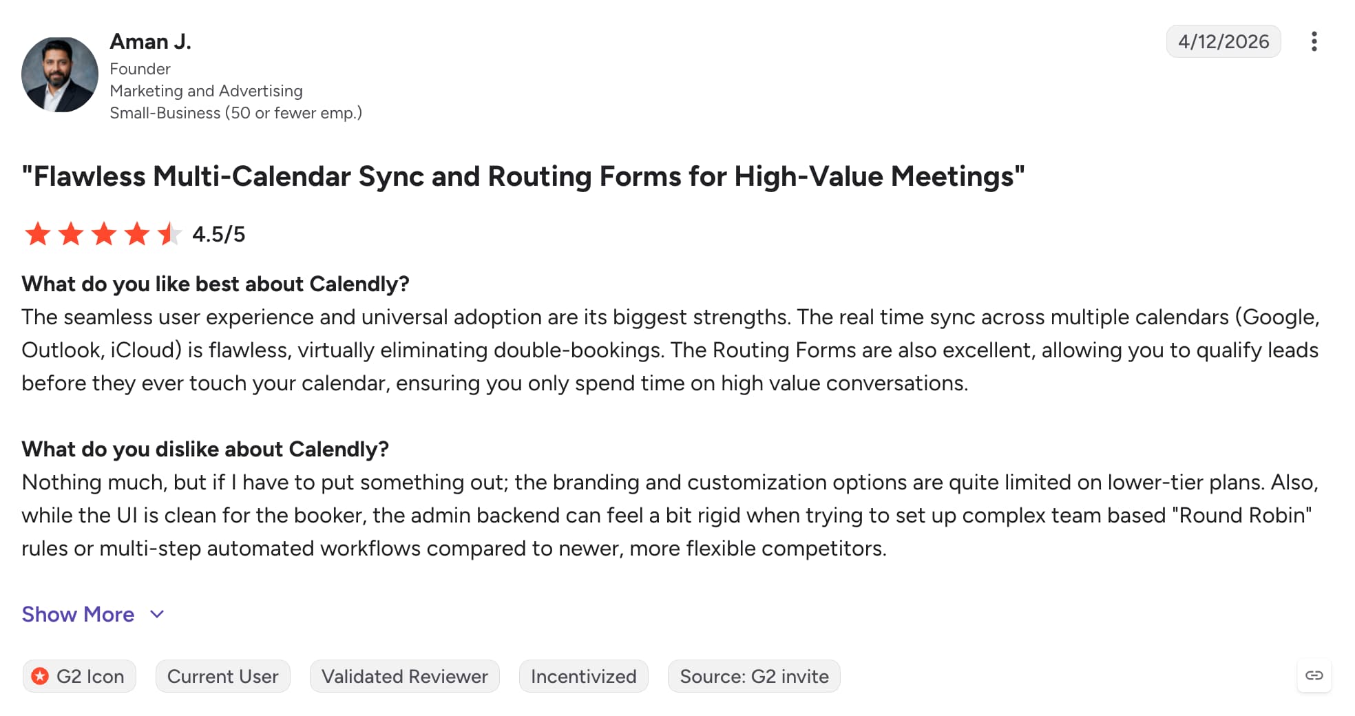 G2 review mentioning Calendly customization limitations and booking page options