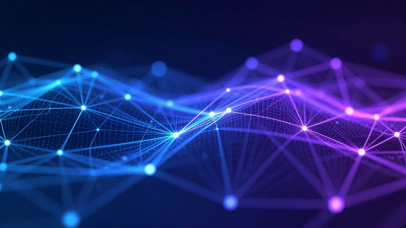 Abstract digital network with glowing nodes and lines.