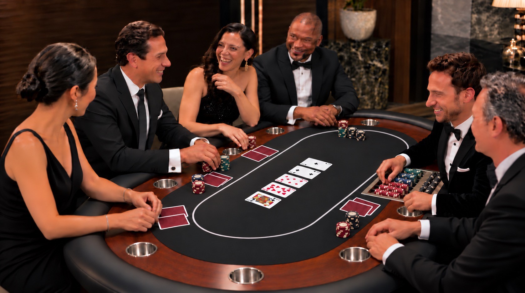Gasten met croupier aan de pokertafel