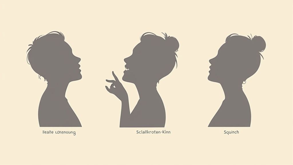 Drei graue Silhouetten von Frauenköpfen im Profil, die verschiedene Gesichtsausdrücke und Haltungen zeigen.