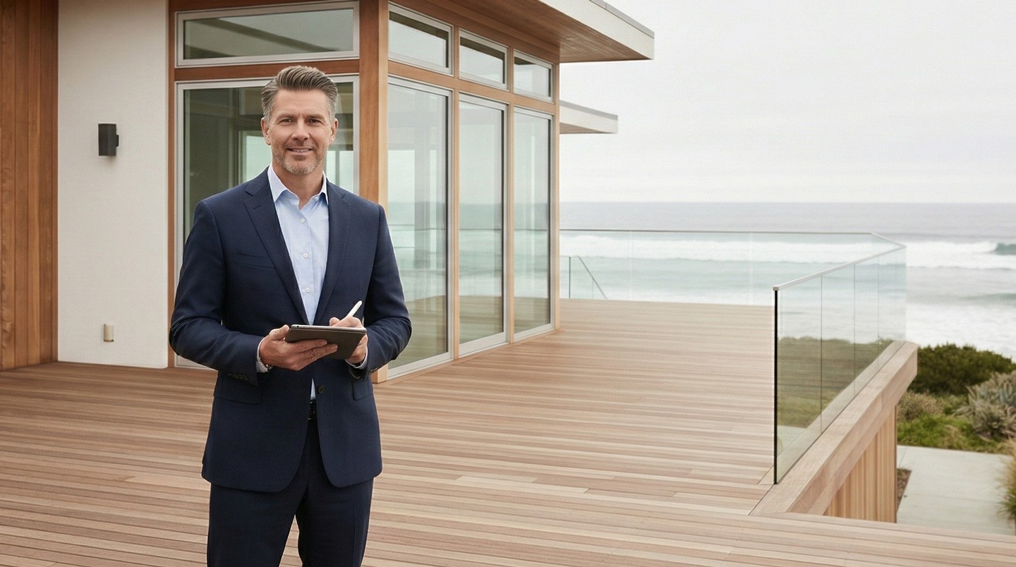 Certified appraiser assessing coastal home for valuation