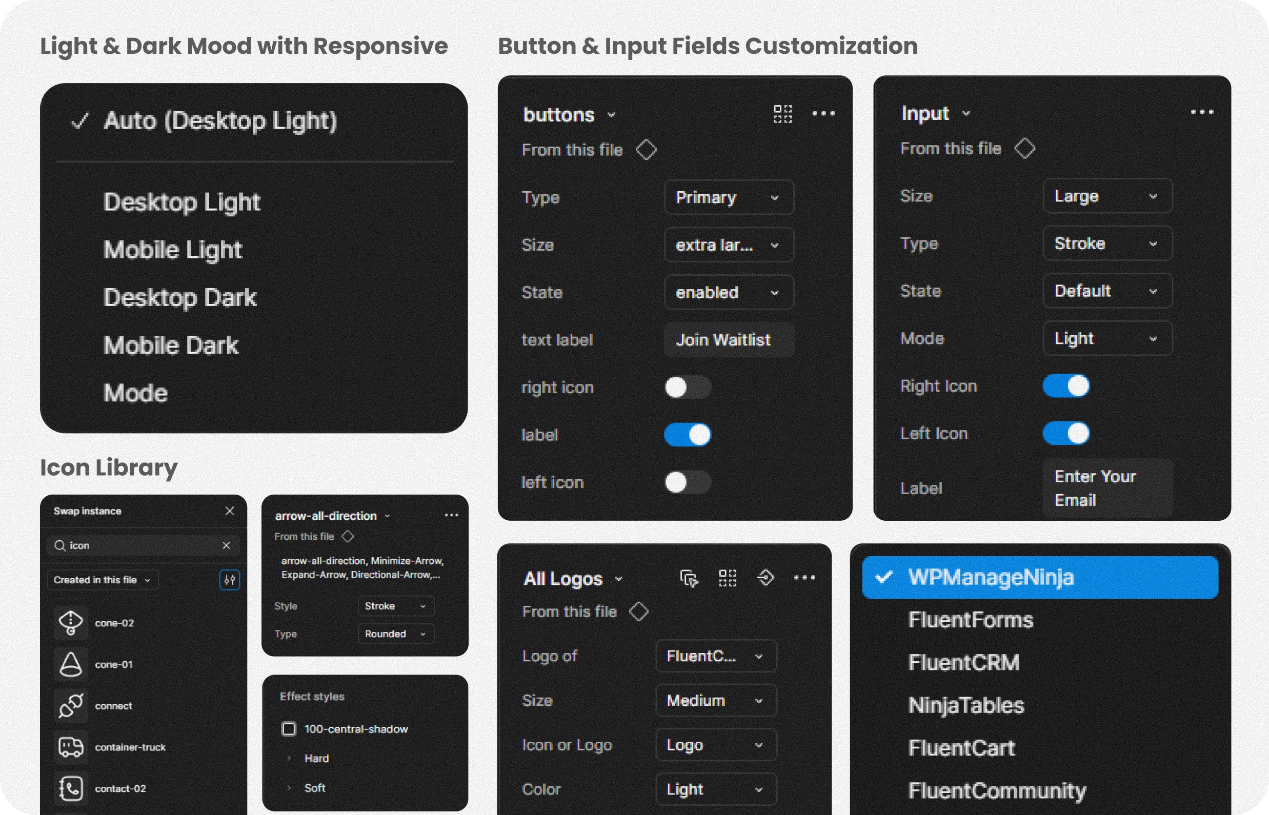 Atomic Design System for WPManageNinja by Mahdi Creates — featuring structured UI components, typography scales, and a marketing visual framework.