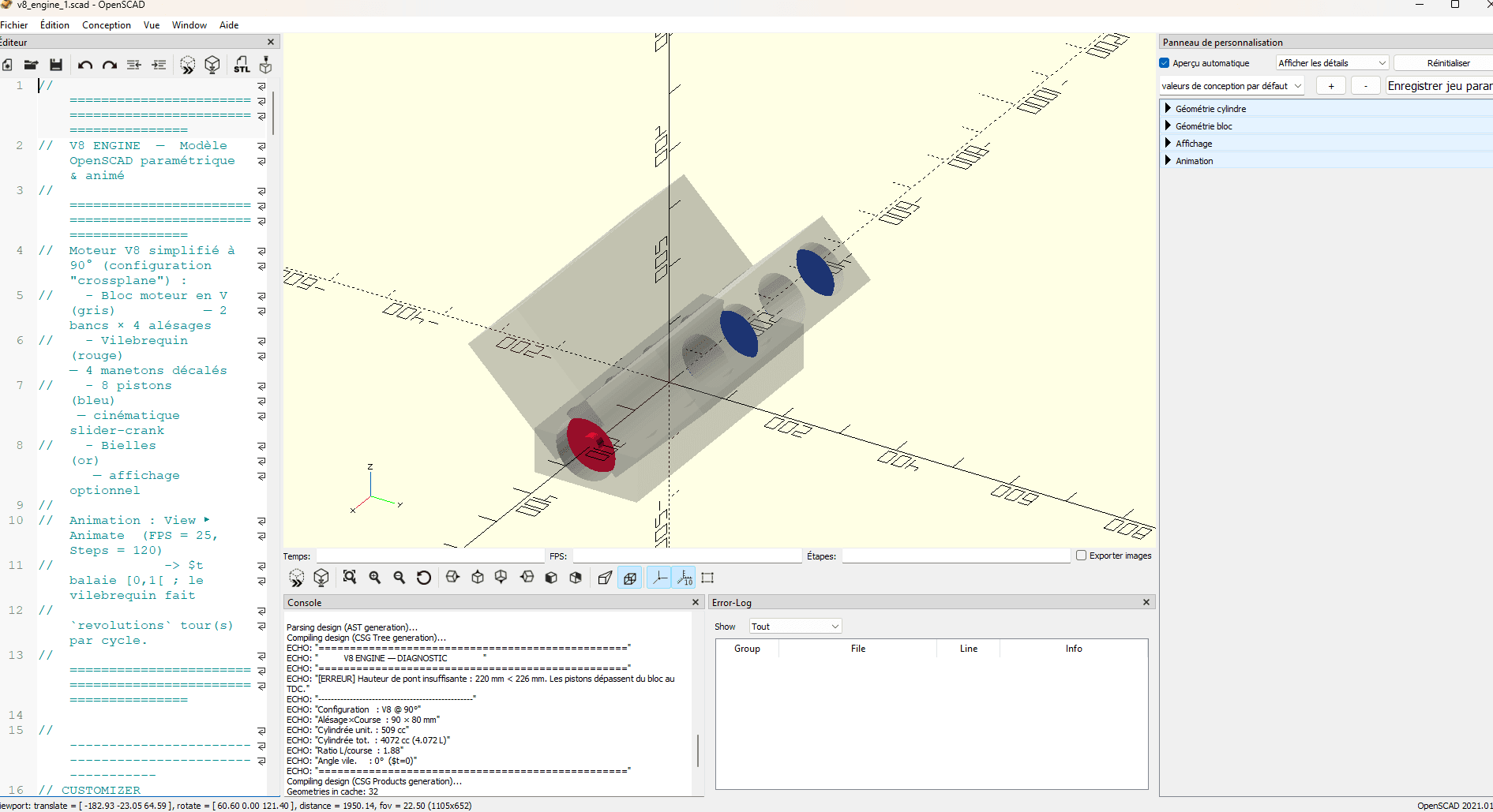 OpenSCAD software workspace showing an isometric 3D view of a parametric V8 engine block with blue pistons, alongside a code window and a console output detailing engineering dimensions and diagnostic warnings.