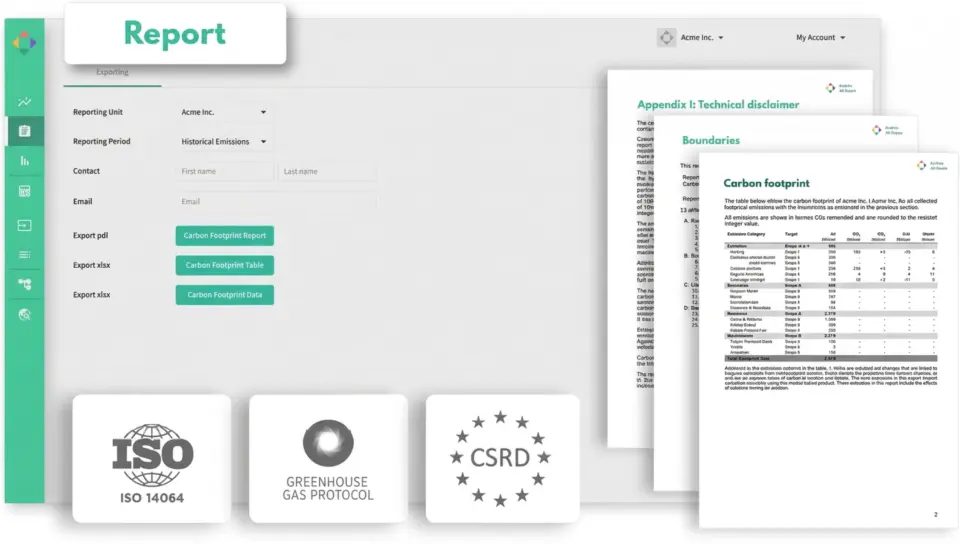 ecozoom Reportansicht mit Berichten und dokumentierten Carbon-Footprint-Daten