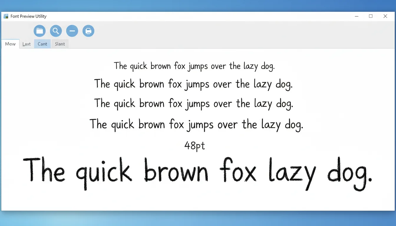 Screenshot of a Windows font previewer utility window, clean light mode UI. The application window has a simple top toolbar with placeholder buttons. The main content area is a white panel displaying multiple lines of abstracted text in a black, sketchy, hand-drawn font. The lines of text get progressively larger, demonstrating the font at different sizes.