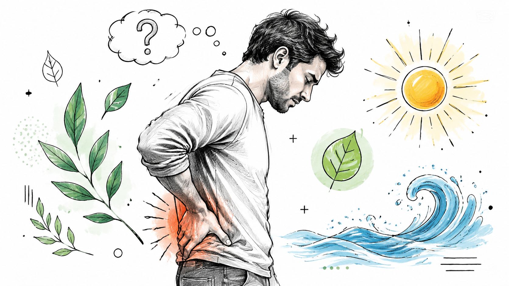 A man experiencing lower back pain with illustrative icons representing nature, sun, and water elements nearby.