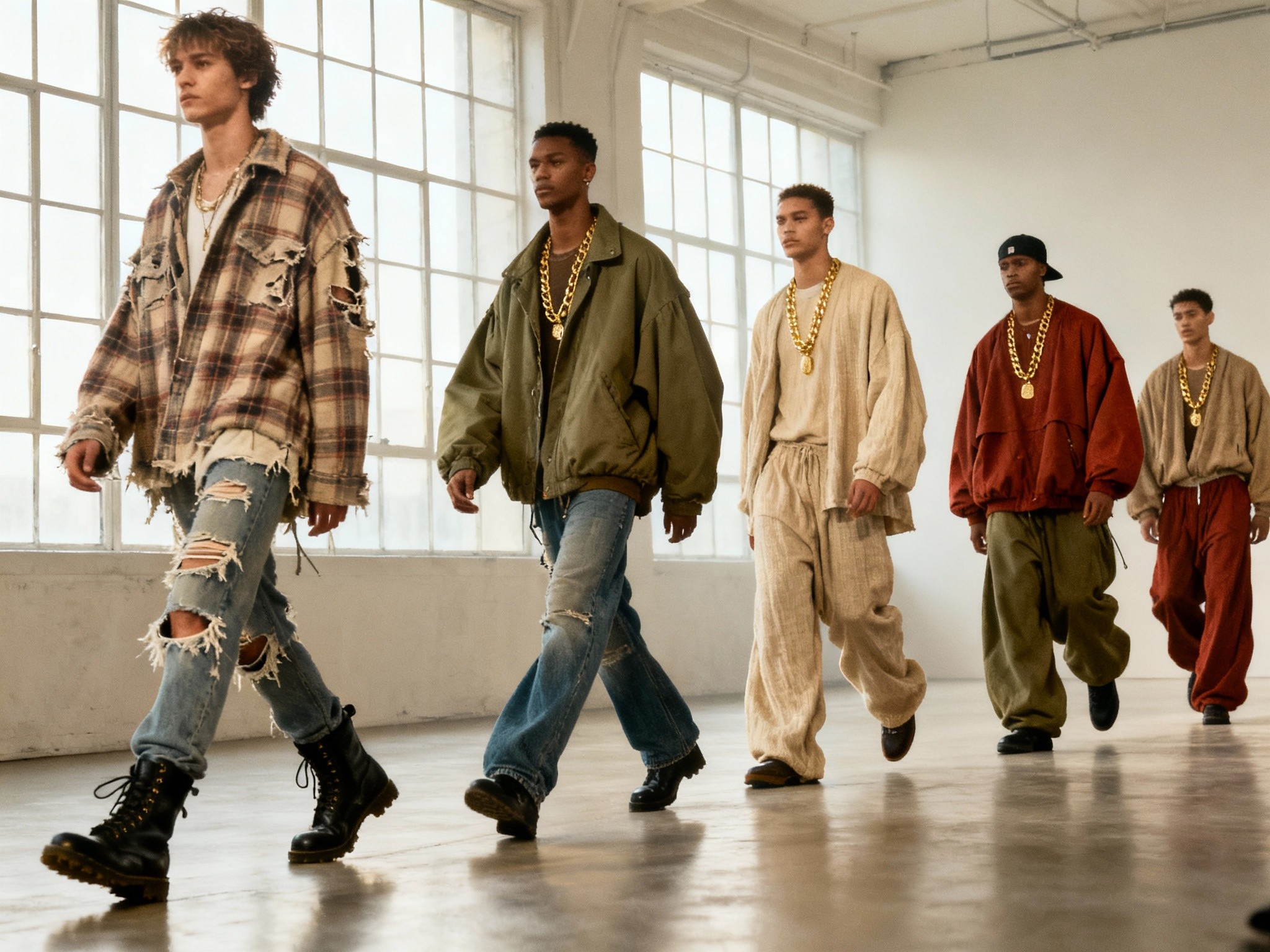 An expansive illustration of a 90s-inspired fashion runway set in a minimalist indoor studio with